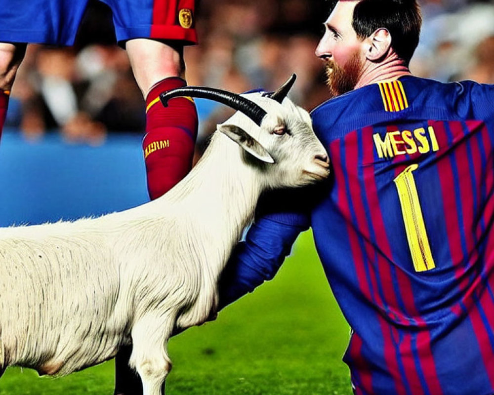 Goat in soccer jersey plays with player on field