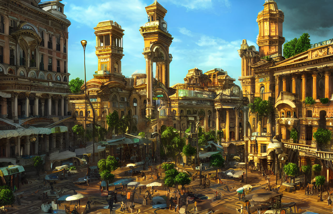 Fantasy cityscape with ornate buildings and bustling streets