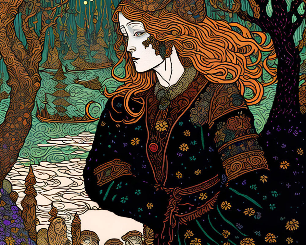 Illustration of woman with red hair in forest setting