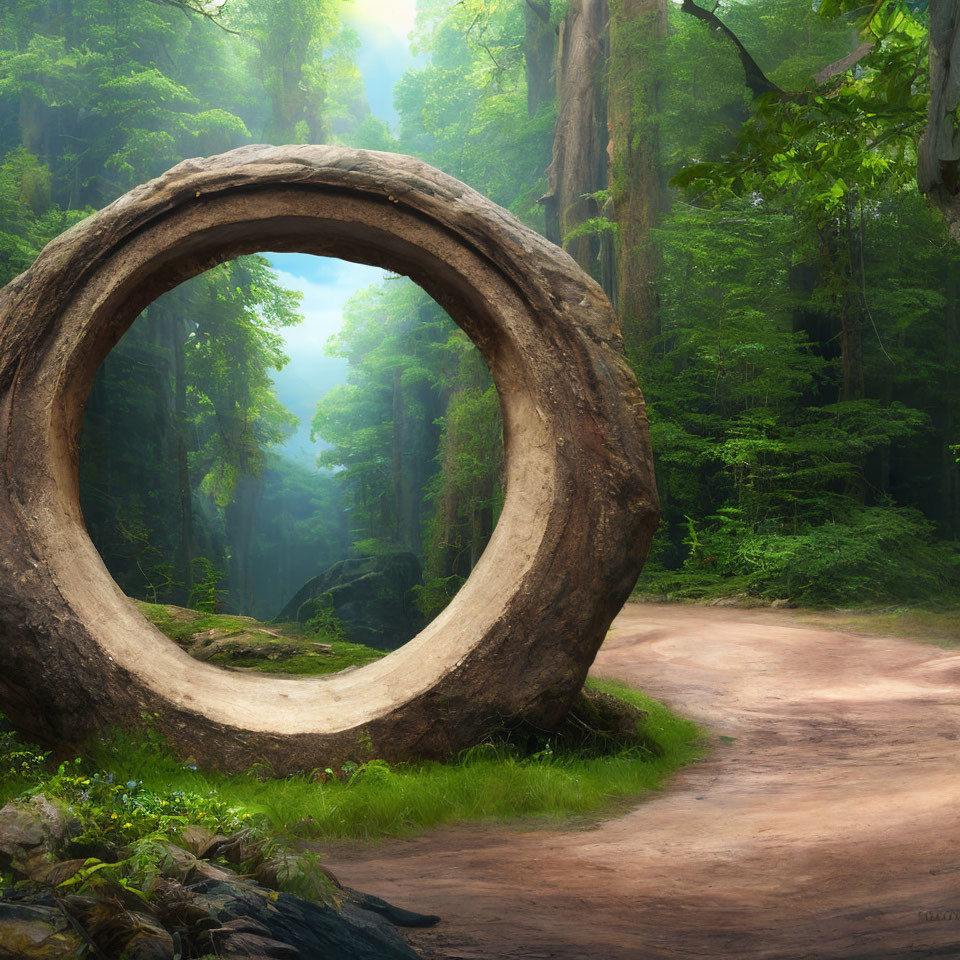 Circular Tree Trunk Frames Lush Forest Pathway