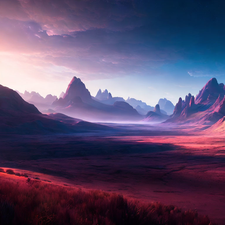 Surreal landscape with vibrant purple hues and majestic mountains under twilight sky