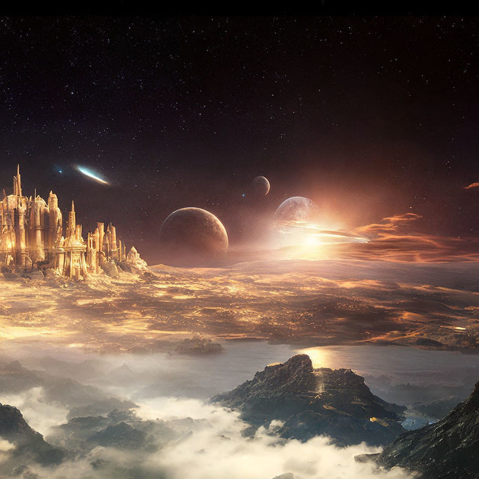 Futuristic cityscape with planets, shooting star, and sunset mountains.