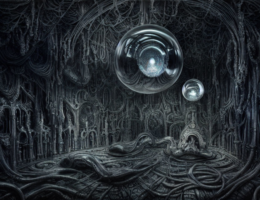 Monochromatic surreal artwork with alien-like structures and floating orbs