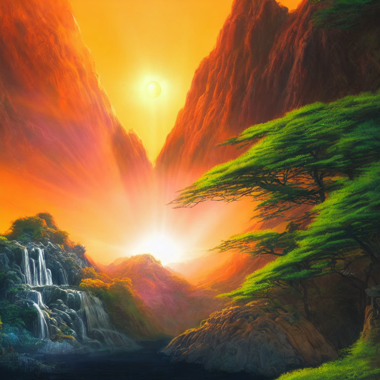 Scenic landscape with waterfall, mountains, trees, and sunrise