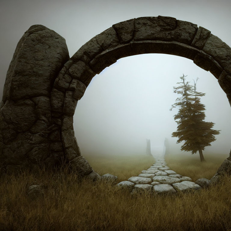 Stone archway and misty landscape with tree and cobblestone path.