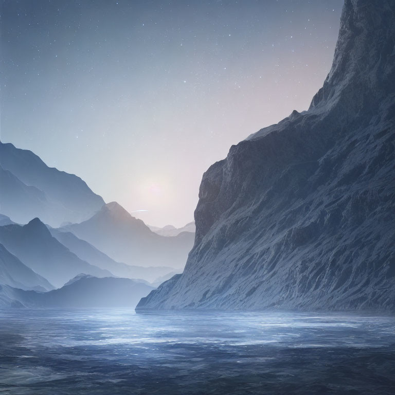 Tranquil twilight landscape with starry sky, misty mountains, and reflective water