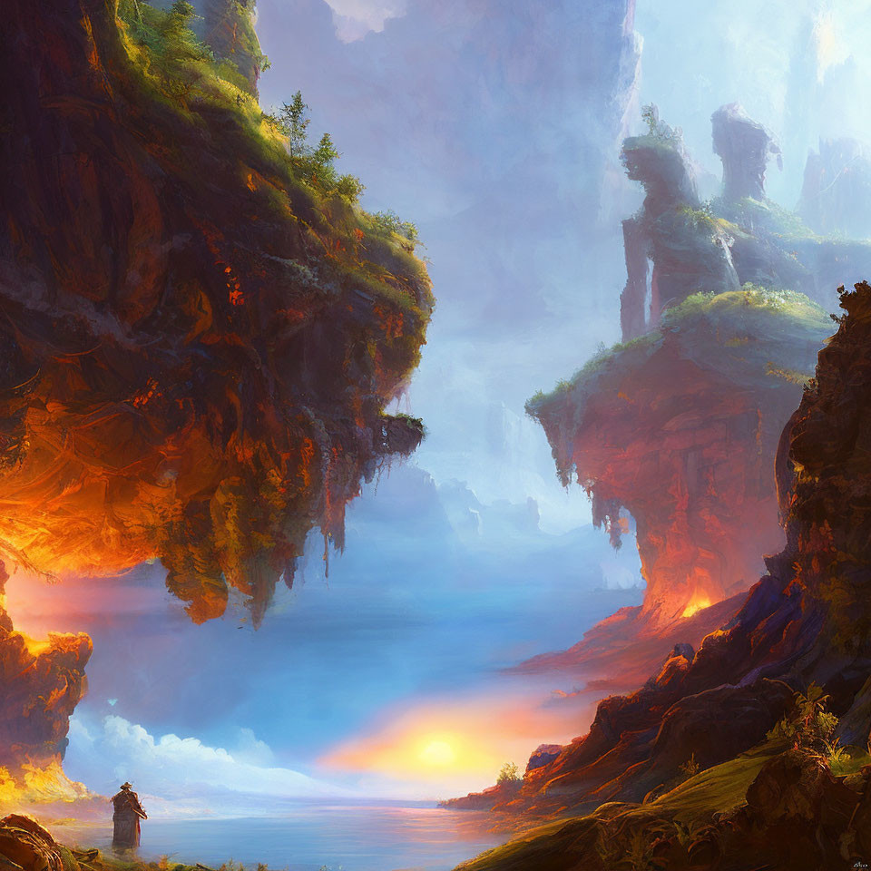 Tranquil fantasy landscape with glowing sunset and towering cliffs