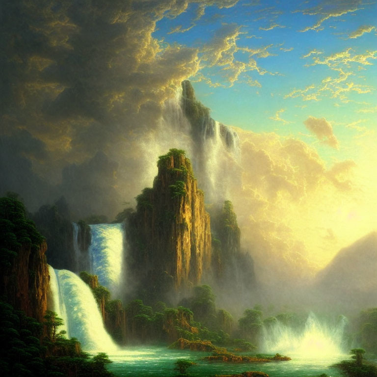 Majestic waterfalls in lush, sunlit landscape