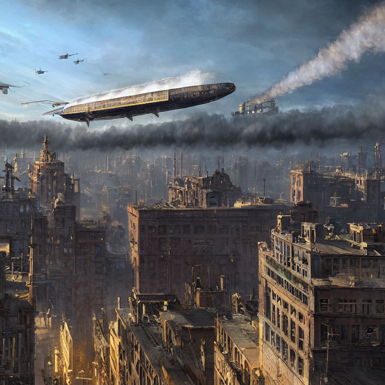 Dystopian cityscape with dilapidated buildings and airships