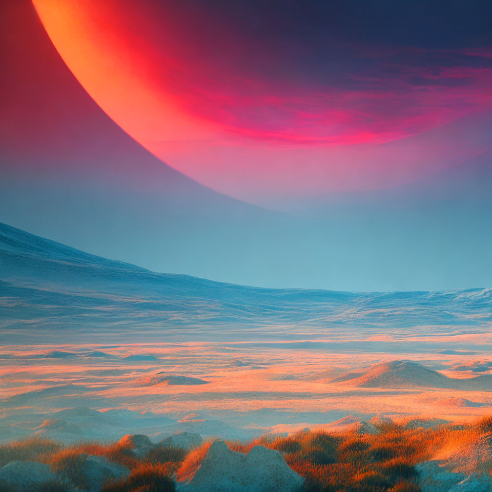 Surreal landscape with large red celestial body over glowing icy terrain