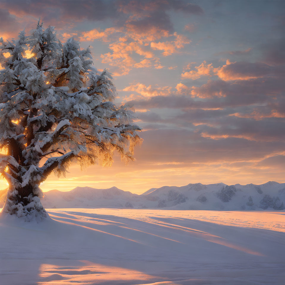 Snow-covered tree against mountain backdrop with warm sunset glow
