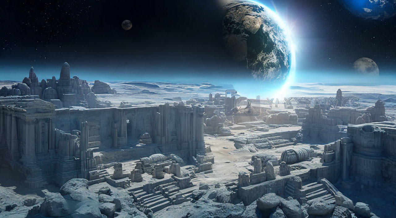 Futuristic landscape with ancient ruins on barren celestial body