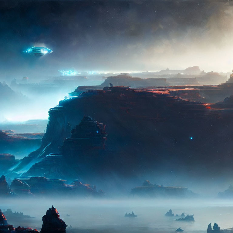 Sci-fi landscape with towering rock formations and hovering spacecrafts
