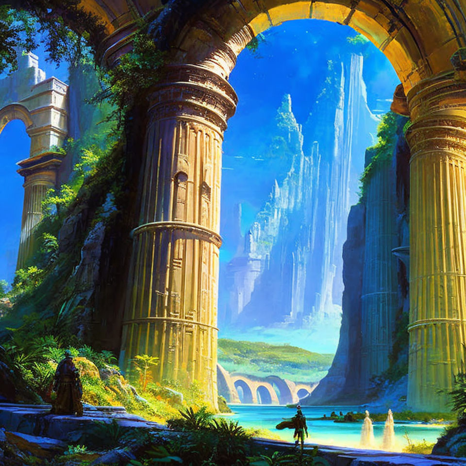 Fantasy landscape with ancient ruins, majestic waterfall, castle, lush greenery, and blue sky