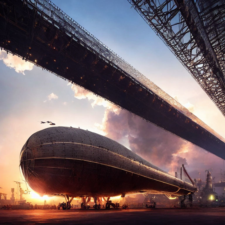Massive Spaceship in Futuristic Industrial Dockyard