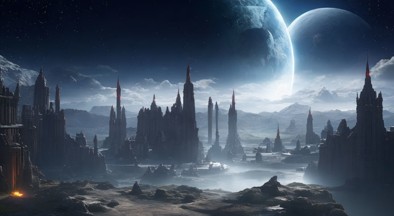 Surreal sci-fi landscape with Gothic structures and glowing cityscape