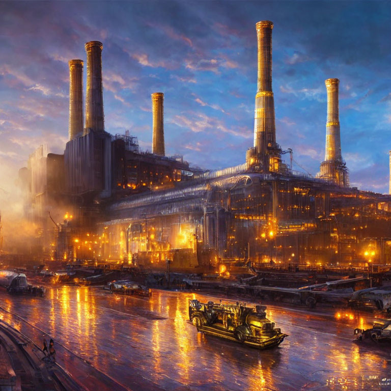 Industrial factory at dusk with smokestacks, river, and cargo boats.
