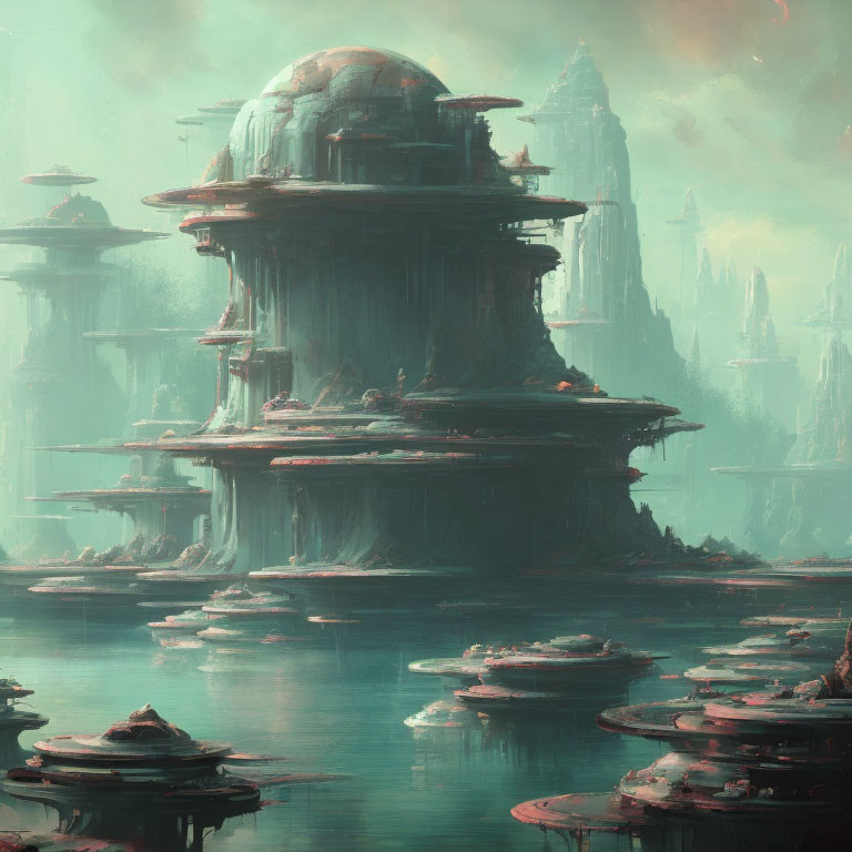 Futuristic cityscape with dome-shaped structures in misty waters