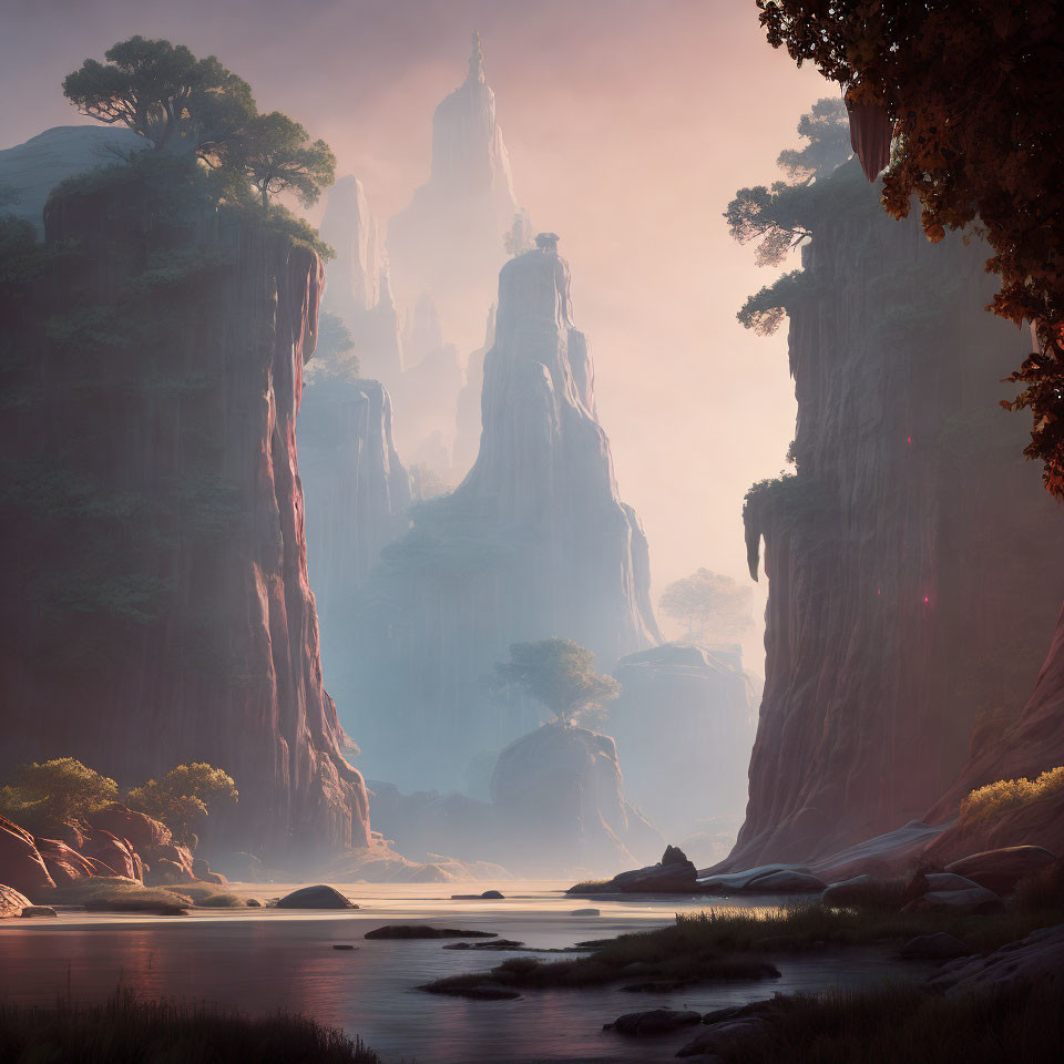 Mystical landscape with towering rock formations and tranquil river