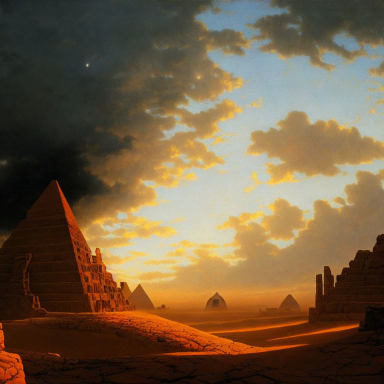 Desert sunset with multiple pyramids under cloudy sky