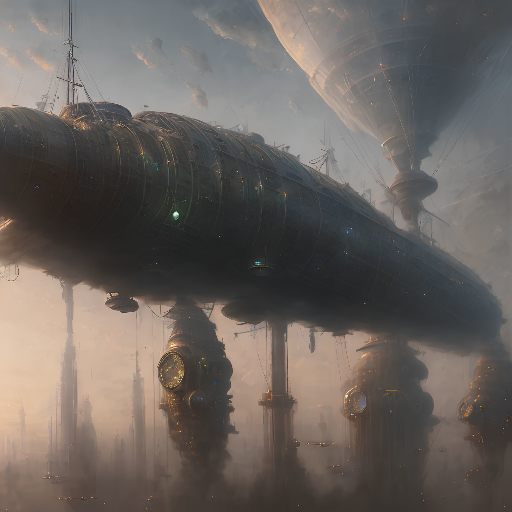 Airships in Misty Amber Sky with Advanced Technology and Steampunk Aesthetic