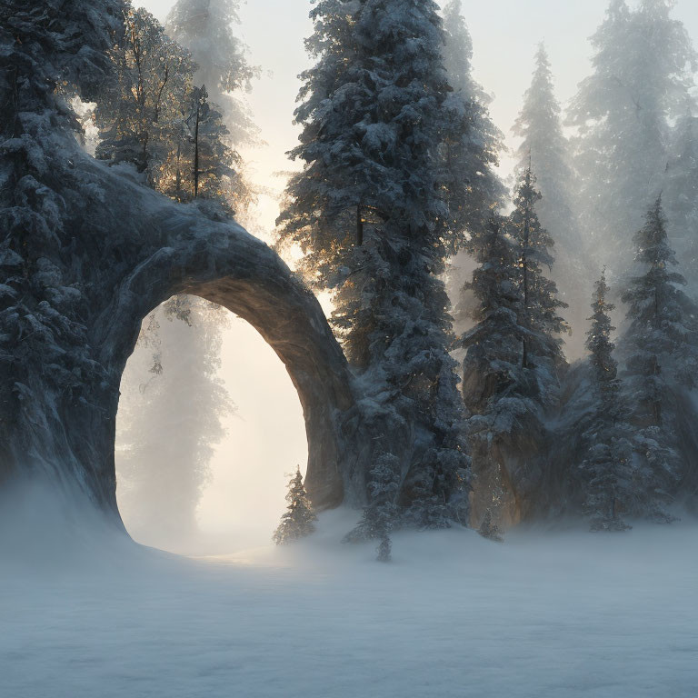 Snow-covered archway in serene winter forest under soft glowing light