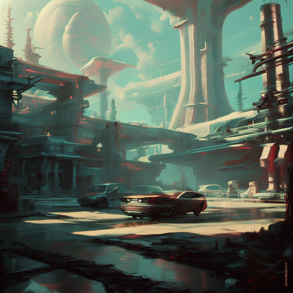 Futuristic cityscape with towering structures and large planet in sky