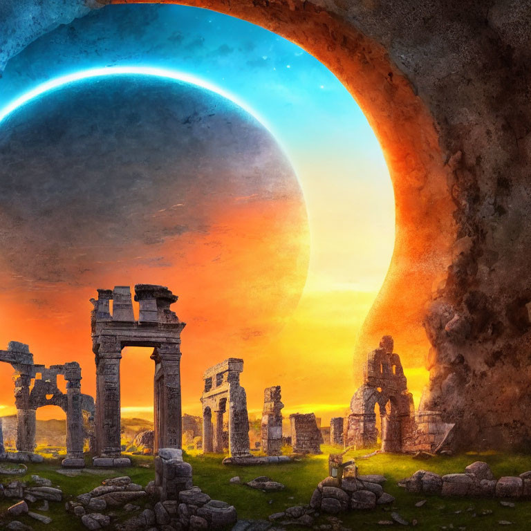 Ancient ruins under dramatic sky with surreal planet looming close.