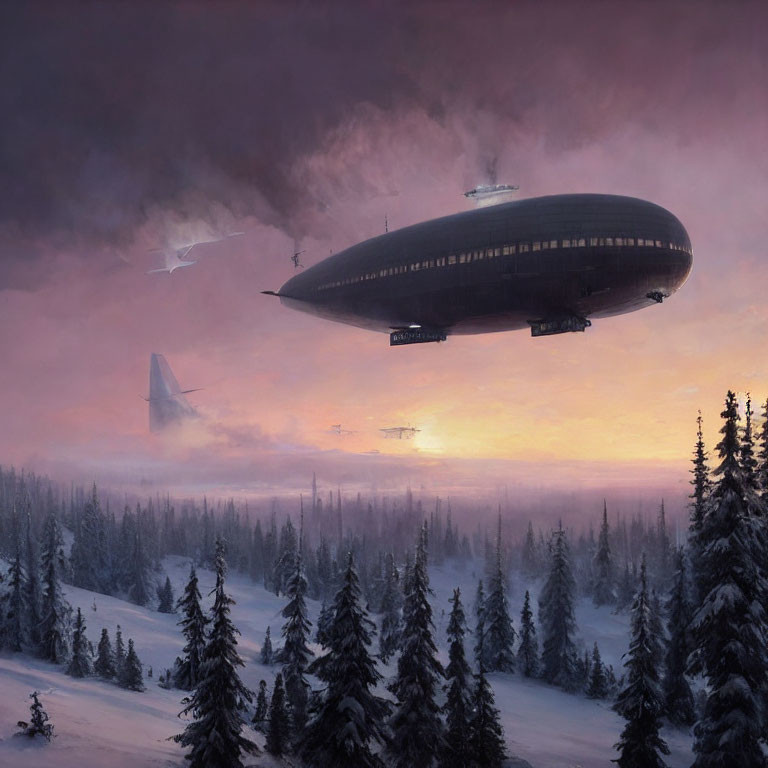 Airship above snowy forest at sunset with plane in sky
