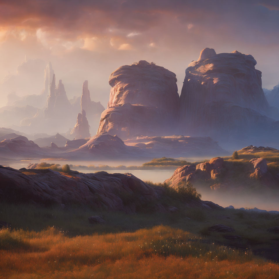 Alien landscape with towering rock formations and misty lakes at sunrise