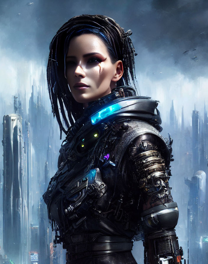 Female Cyborg in Futuristic Armor with Cybernetic Enhancements in Misty Cityscape