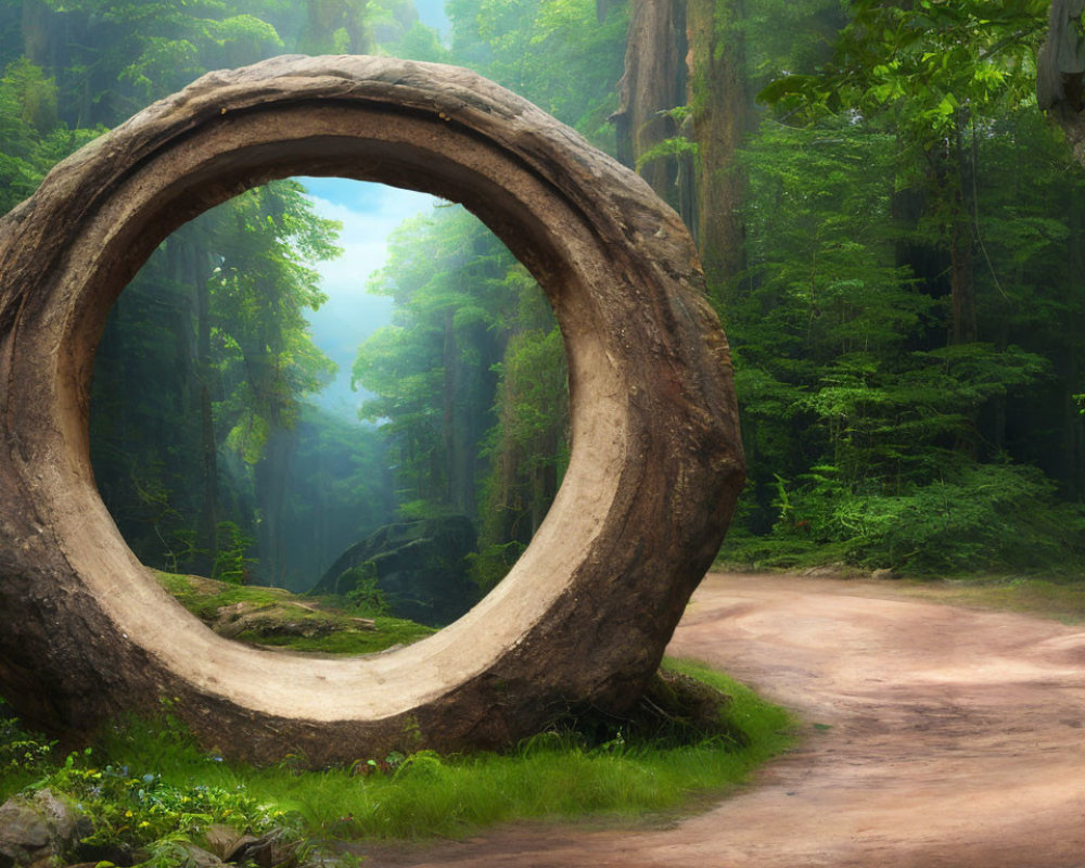 Circular Tree Trunk Frames Lush Forest Pathway