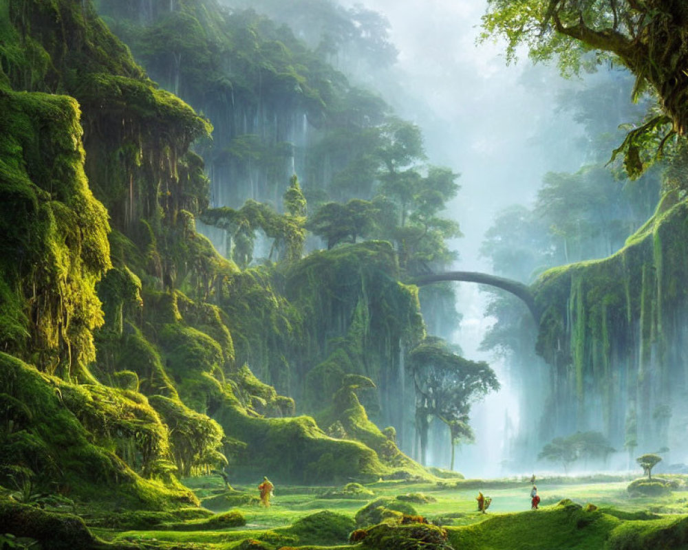 Mystical forest with towering trees, arch bridge, waterfalls, and lush undergrowth