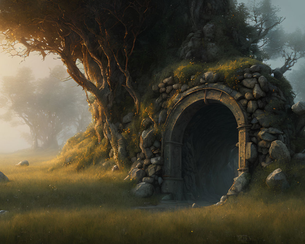 Ancient stone doorway in moss-covered hill amid misty forest clearing