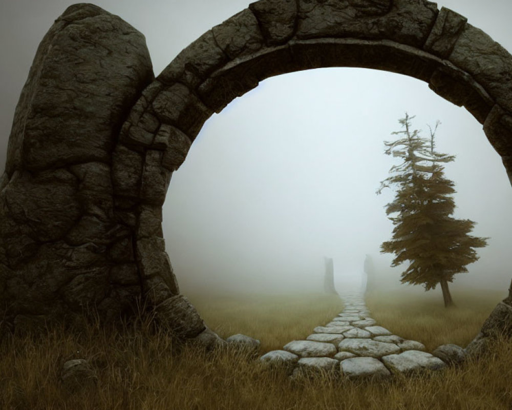 Stone archway and misty landscape with tree and cobblestone path.