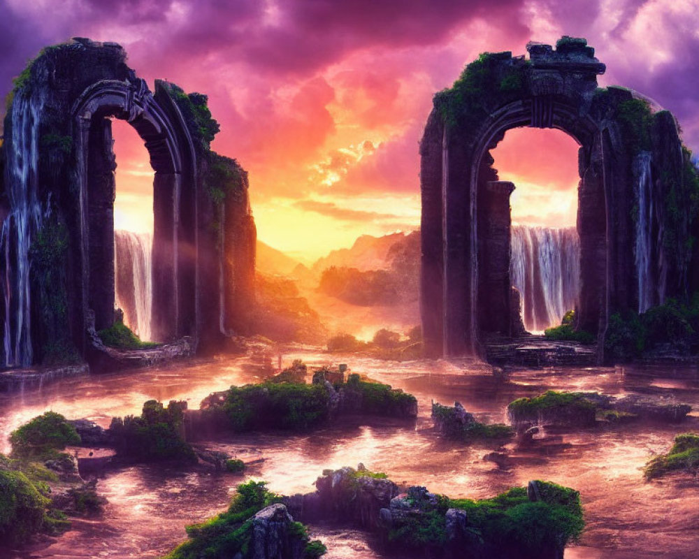 Fantastical landscape with ancient ruins, waterfalls, and vibrant sunset sky