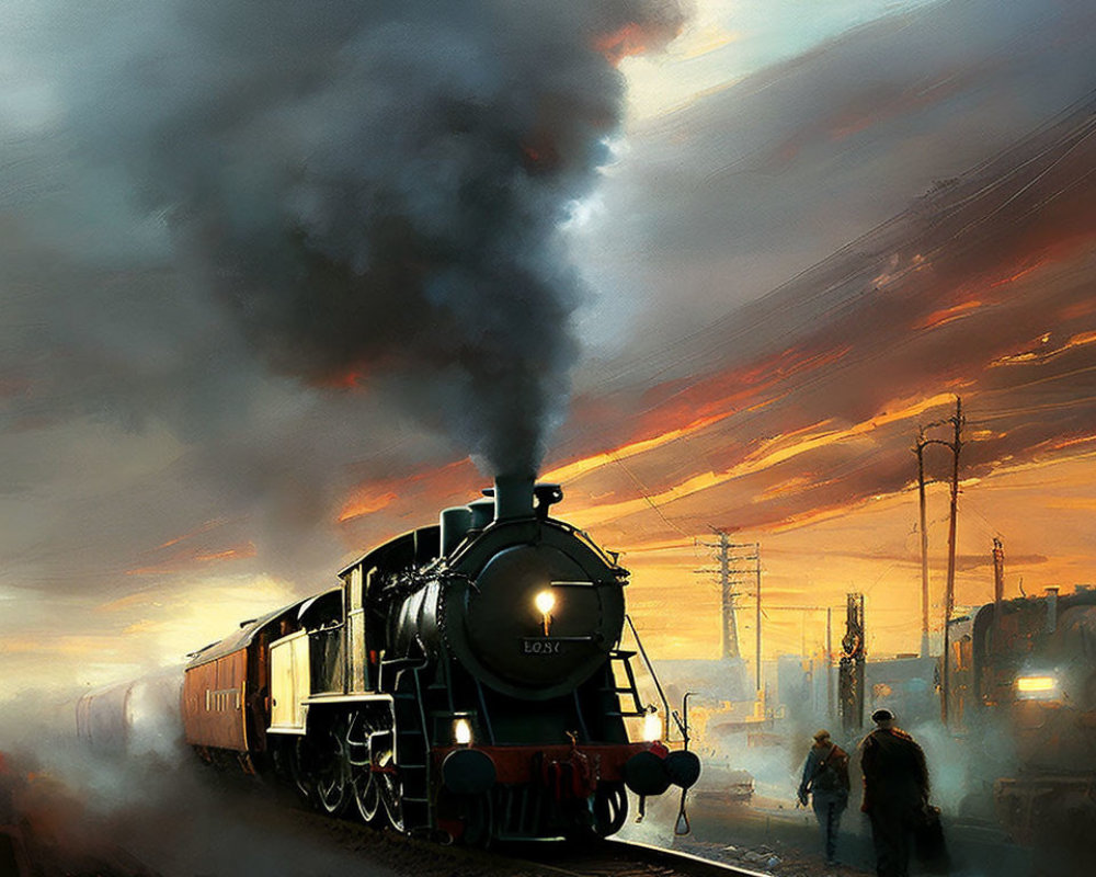 Vintage steam locomotive emits dark smoke under orange sunset with silhouetted people.