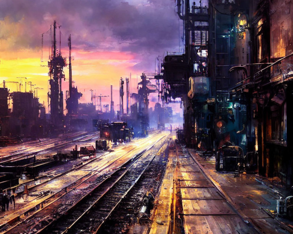 Industrial cityscape at dusk with wet railway tracks and vibrant sunset reflection.