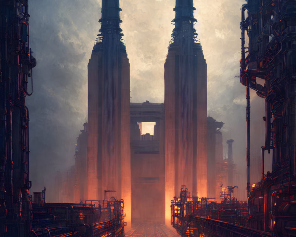 Futuristic industrial scene with towering structures and intricate machinery