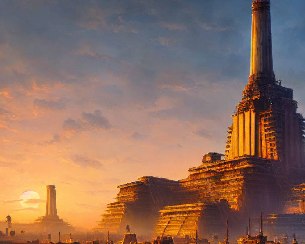 Dystopian industrial landscape at sunset with towering smokestacks
