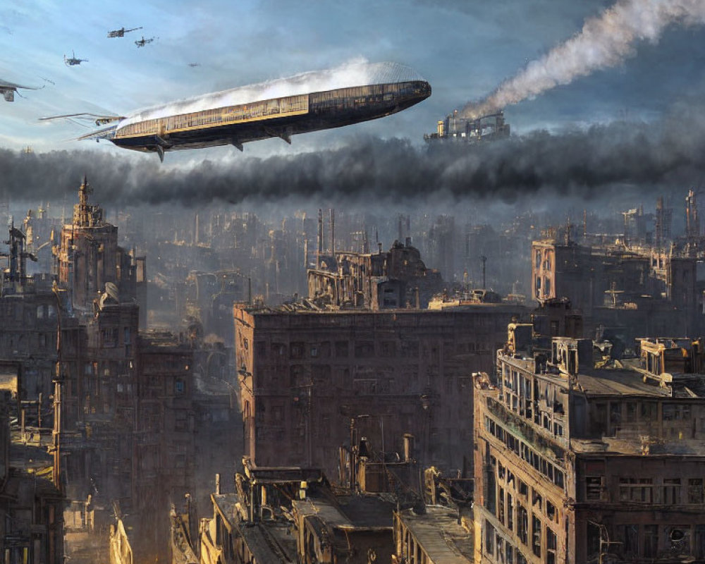 Dystopian cityscape with dilapidated buildings and airships