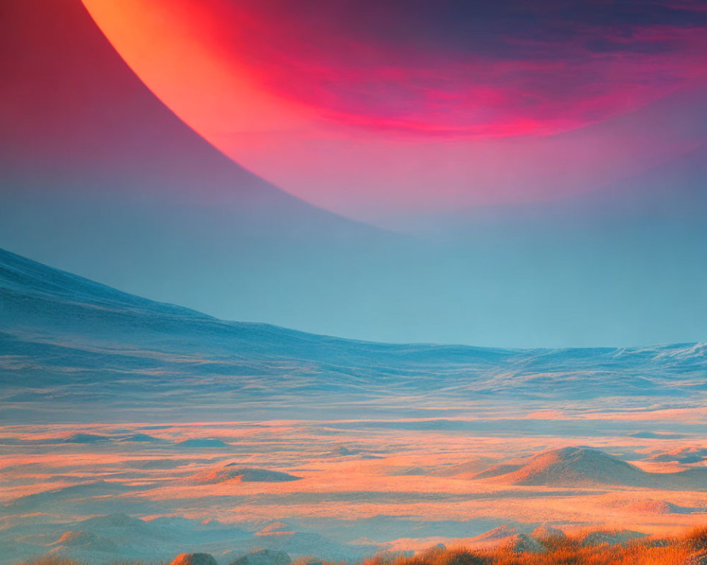 Surreal landscape with large red celestial body over glowing icy terrain