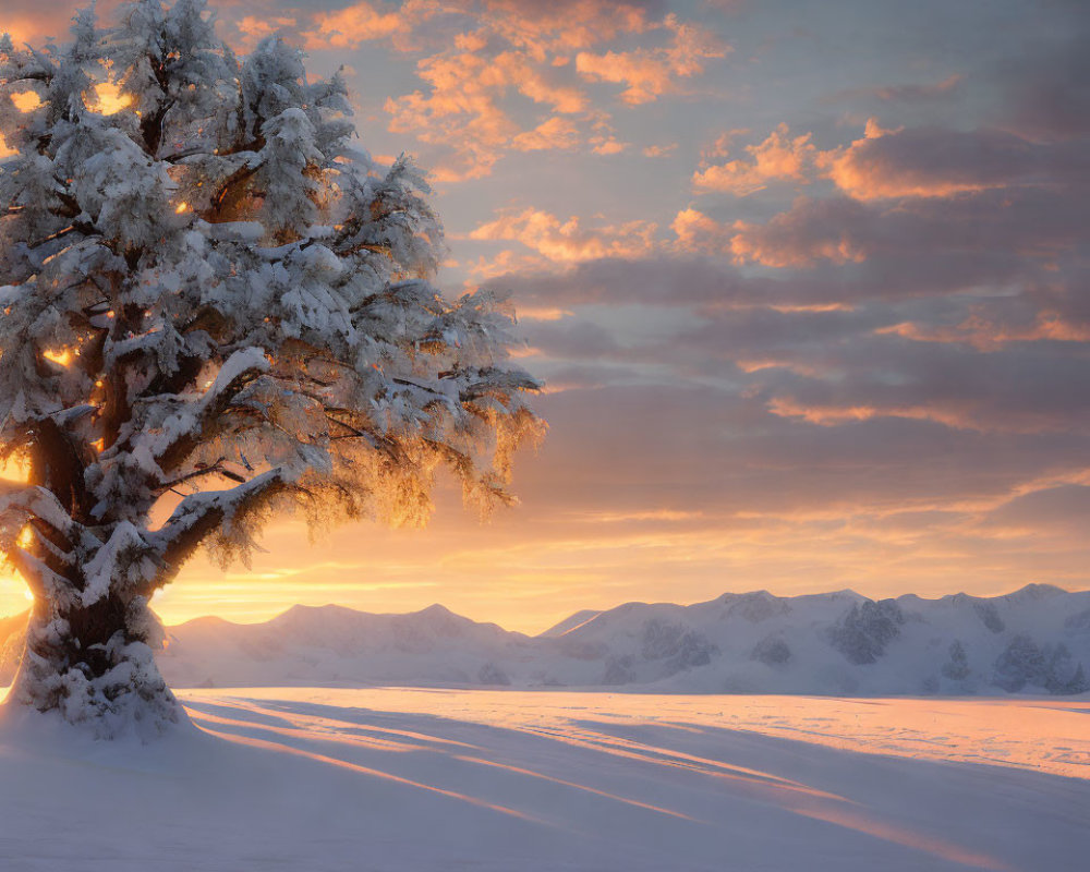 Snow-covered tree against mountain backdrop with warm sunset glow