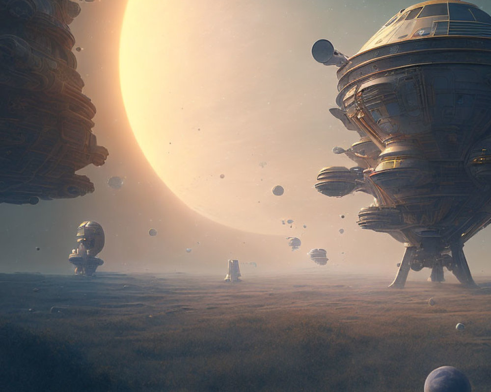 Futuristic spacecrafts on alien planet with large sun and celestial bodies