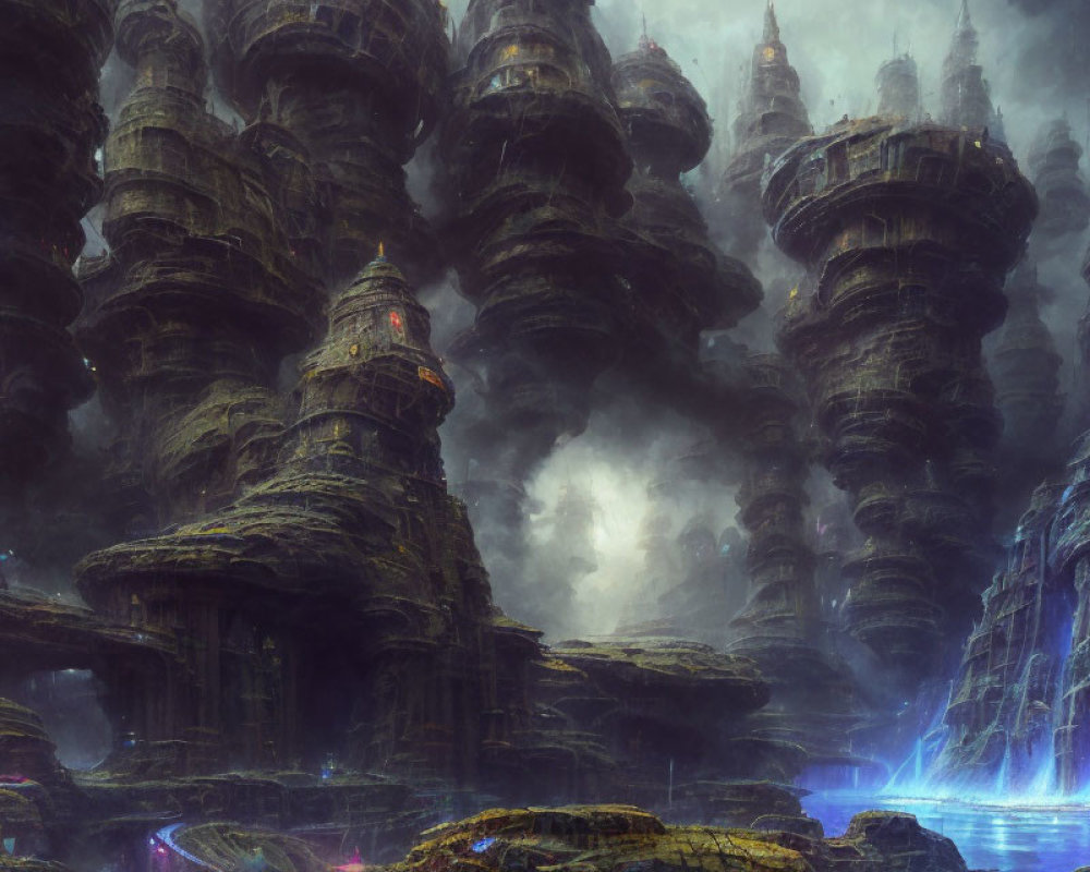 Mystical landscape with towering rocks and ancient temple structures
