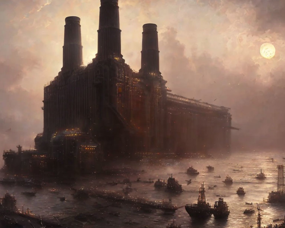 Industrial megastructure with towering chimneys in foggy dusk-lit scene with ships