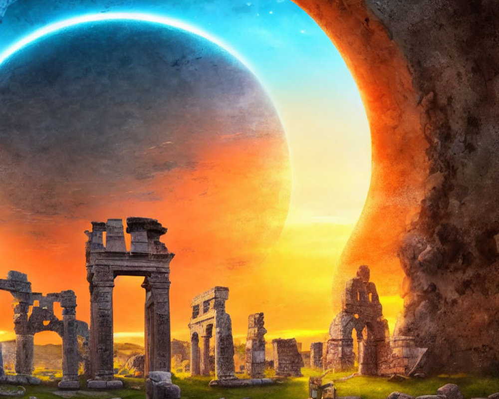Ancient ruins under dramatic sky with surreal planet looming close.