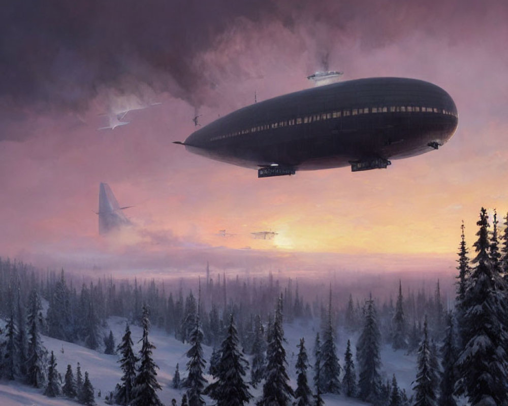 Airship above snowy forest at sunset with plane in sky