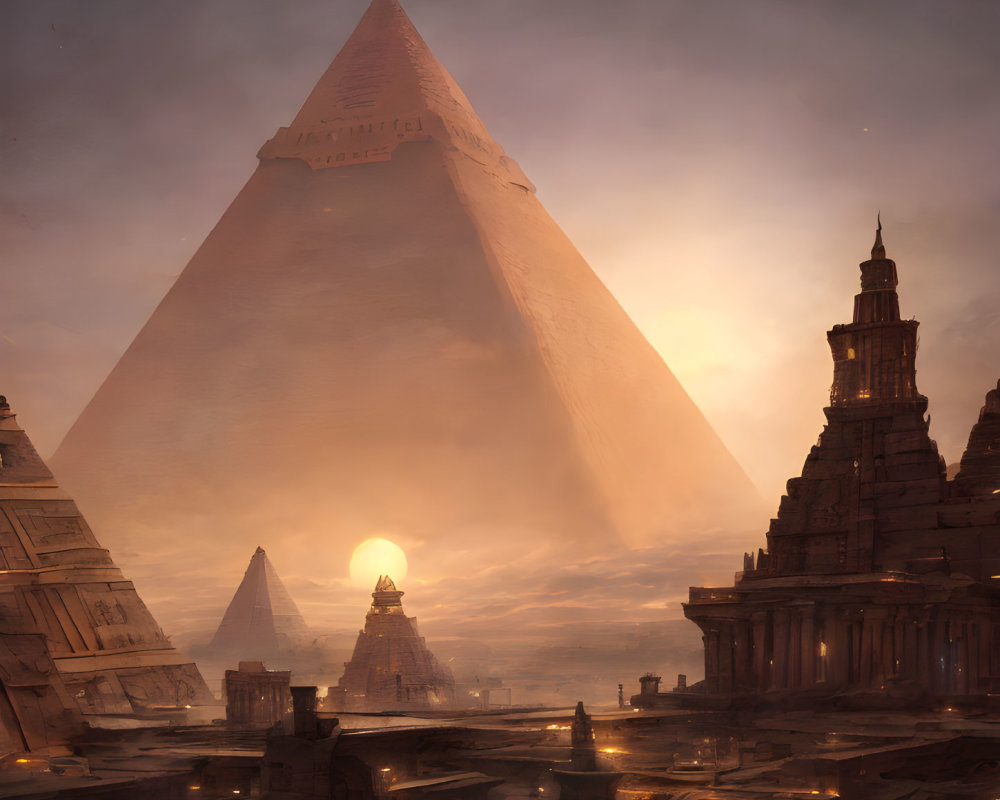 Ancient pyramid-like structures in mystical sunset landscape