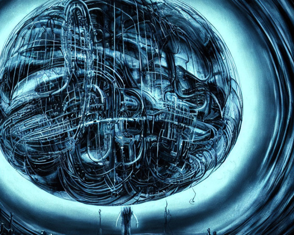 Surreal blue-toned wireframe structure with human figures in circular ripple effect